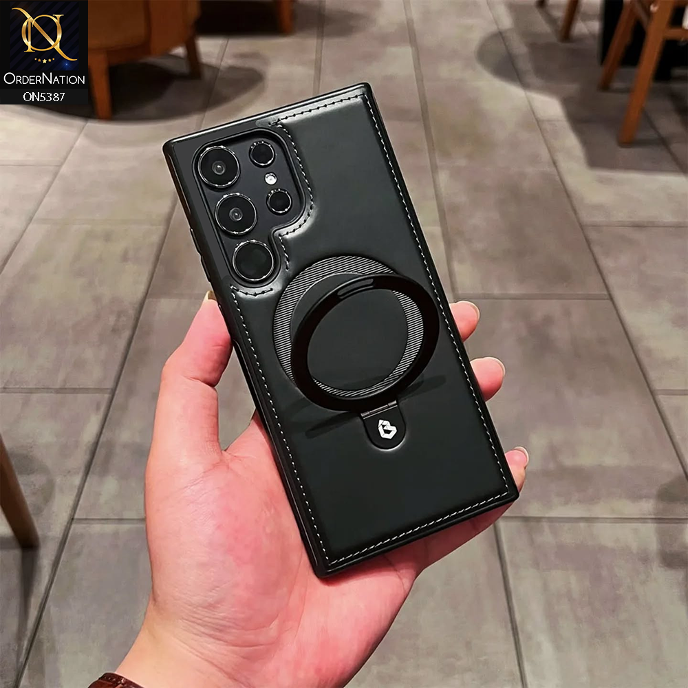 Samsung Galaxy S25 Ultra Cover - Black - Luxury Leather Case Supports Magsafe Wireless Charging, Kickstand Bracket Holder Soft Border Case